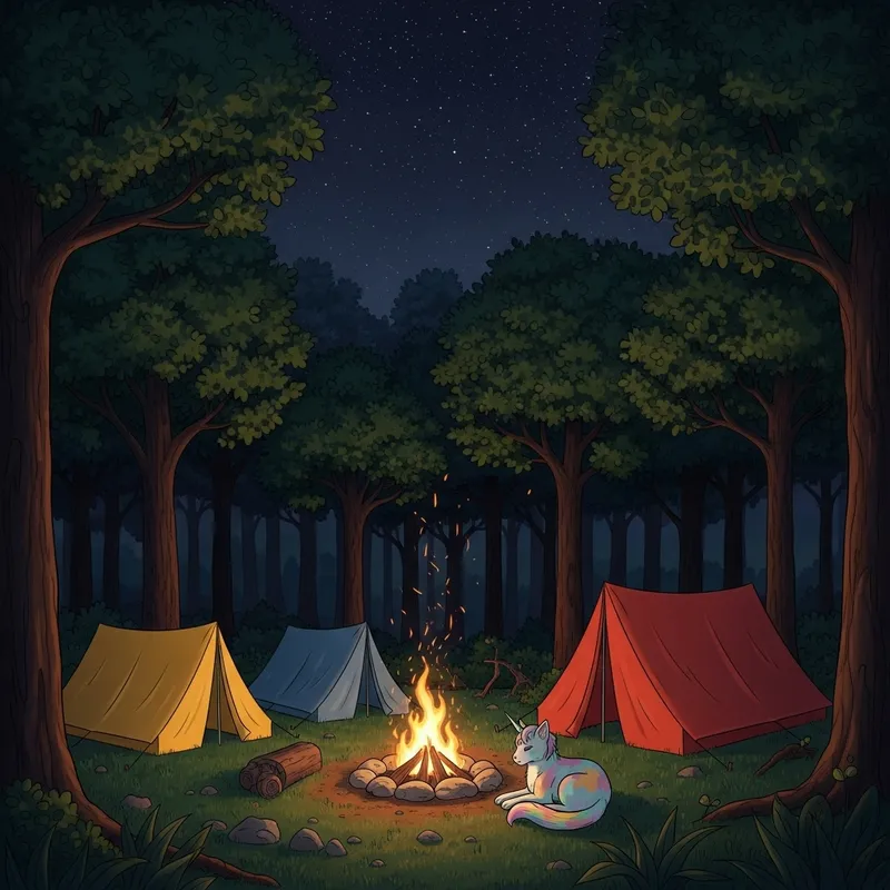 Enchanting Night Scene: Unicat in Magic Forest