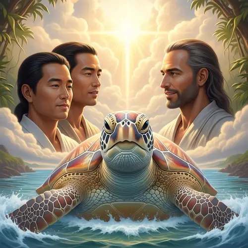 Spiritual Scene: Two Men and a Sea Turtle Embrace Tranquility