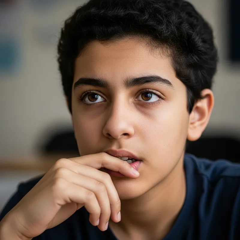 14-Year-Old Middle-Eastern Individual with Hand in Mouth