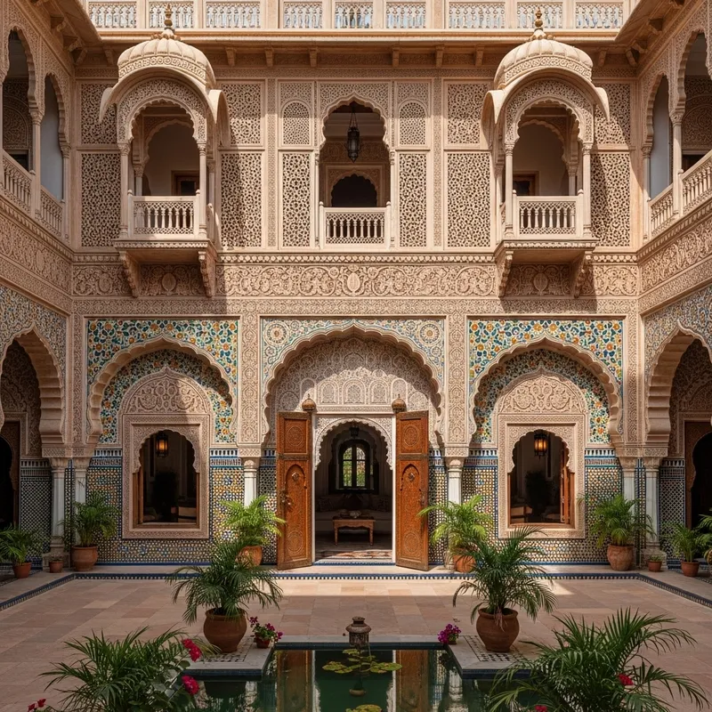 Intricate Two-Storey House with Central Courtyard | Moroccan-Indian Fusion Design