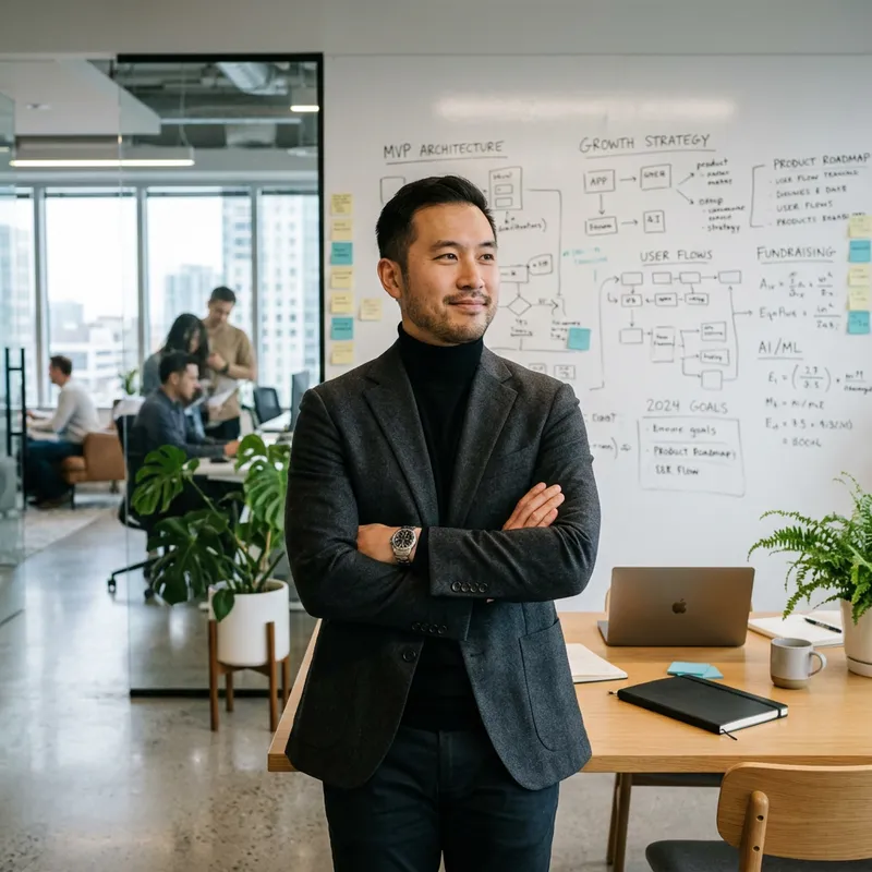 Confident Tech Founder in Modern Startup Office