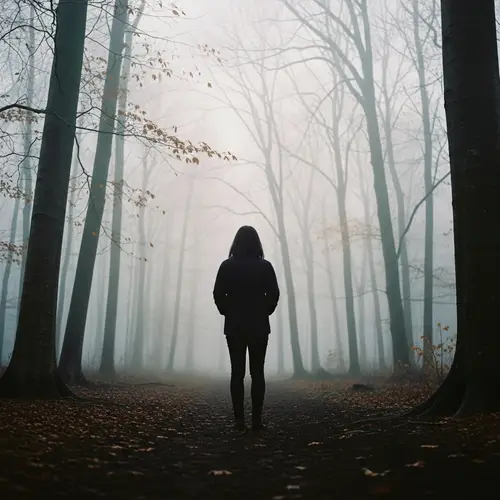 Enigmatic Silhouette in Foggy Woodland - Tranquil Ethereal Scene