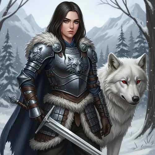 Young 17-Year-Old Female Northern Warrior with Albino Direwolf
