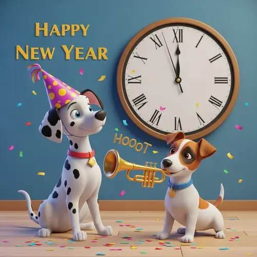 New Year Party Celebration with Cute Cartoon Dalmatian & Jack Russell