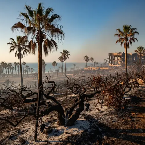 Devastated Paradise: Burnt Palm Trees & Grapevines