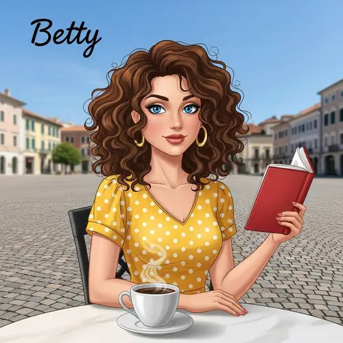 Realistic Illustration of Betty with Curly Brown Hair and Coffee