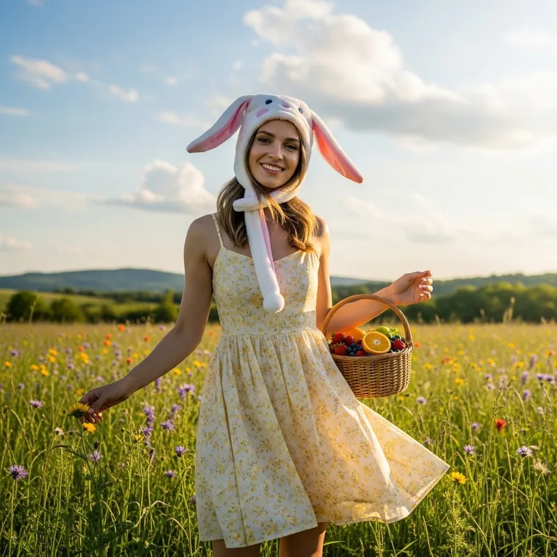Naked Woman in Bunny Hat and Comfortable Summer Dress