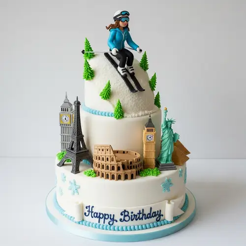 Unique Skiing and Travel Themed Birthday Cake for Her Special Day