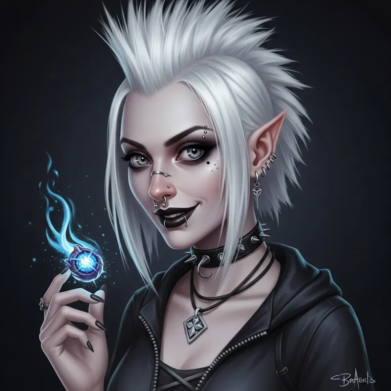 Mischievous Fantasy Goth Woman with Punk White Hair and Piercings