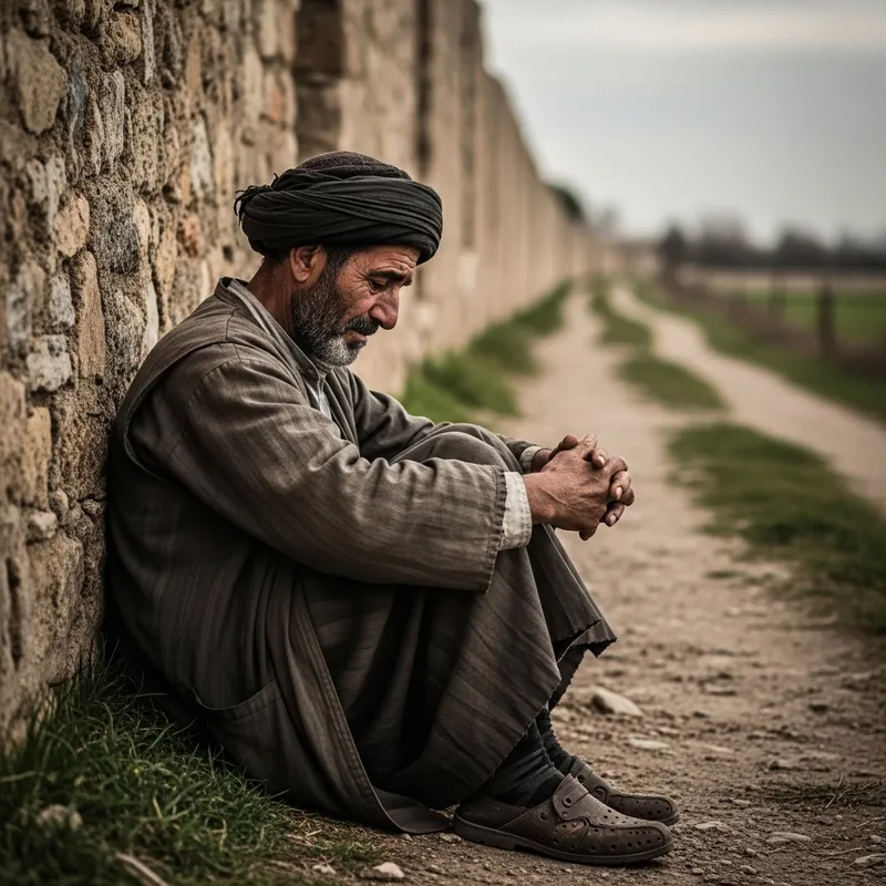 Melancholic Poor Man Sitting by Path: Exquisite Human Narrative