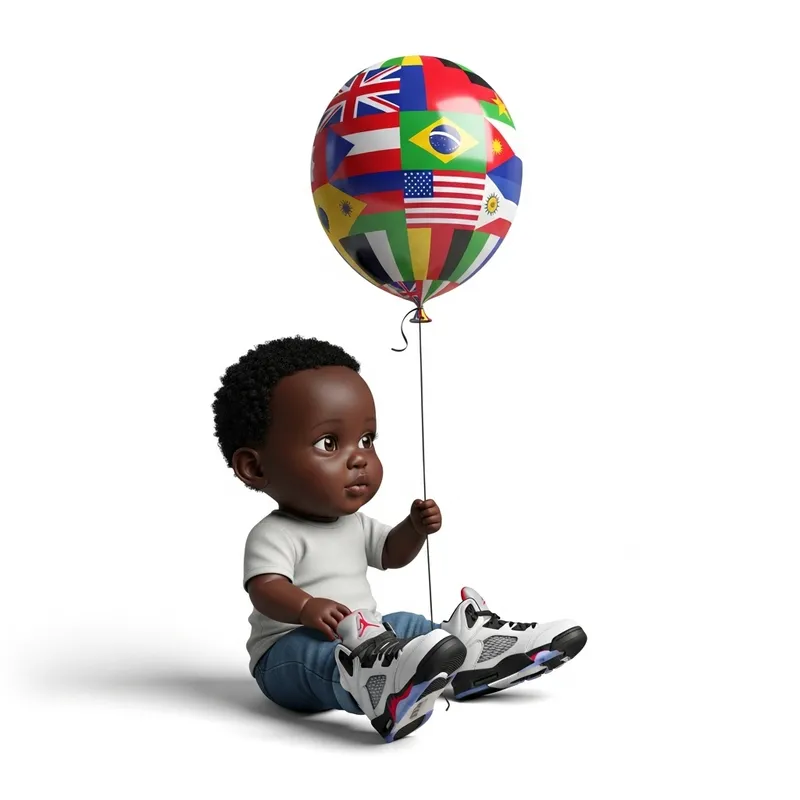3D Stylized Urban Hood Ebony Baby with Air Jordan 5s and World Flags Balloon