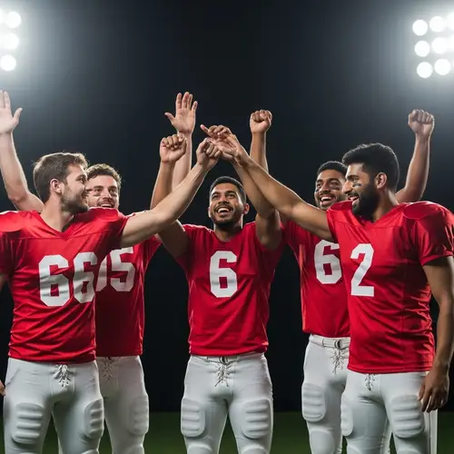Energetic Red-Jersey Football Players Celebrating Goal