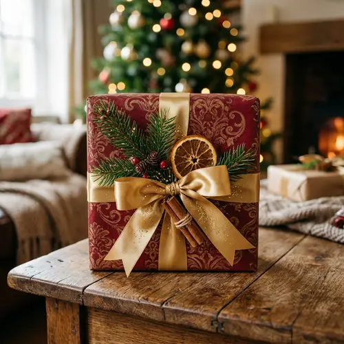 Elegant Christmas Present with Gold Details on Wooden Table