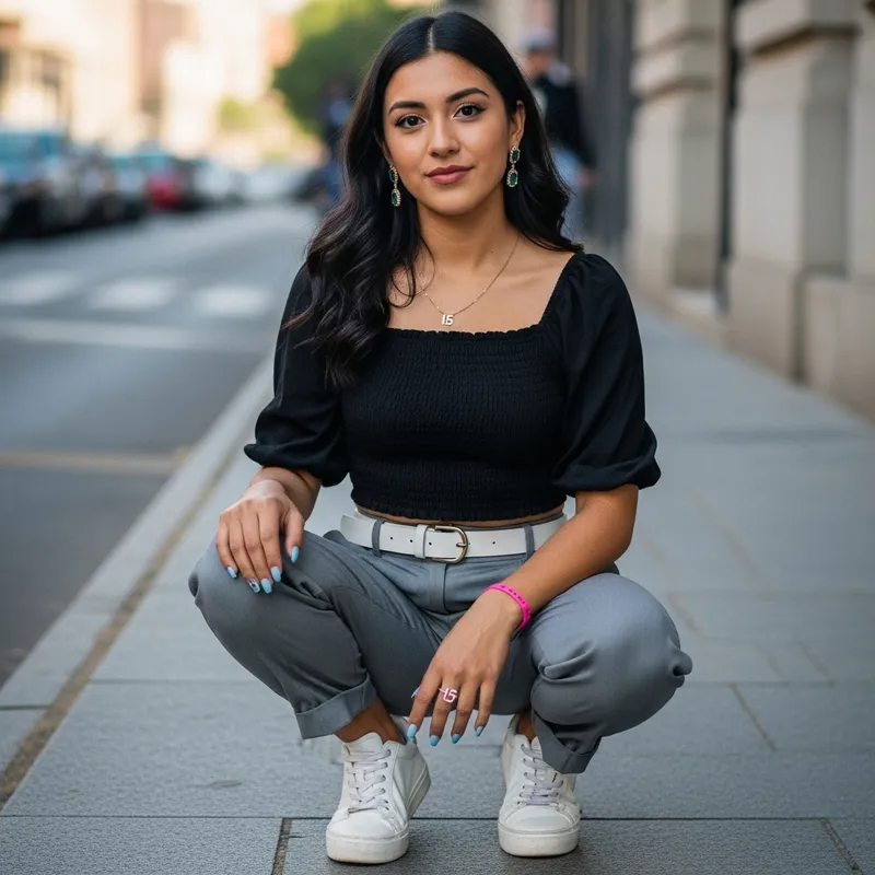 Stylish Hispanic Woman with Long Black Hair, Semi-Slim Figure, Oriental Eyes, & Pastel Blue Nails