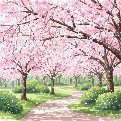 Tranquil Cherry Blossoms Watercolor Scene