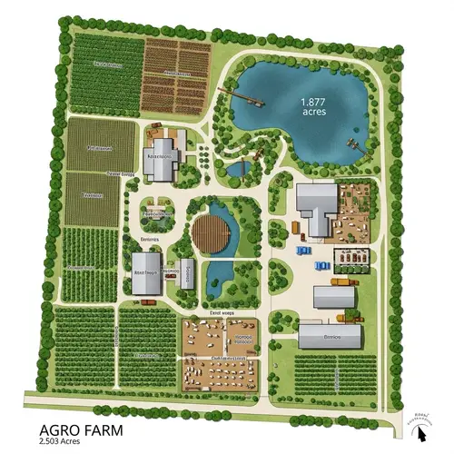Agro Farm Blueprint on 2.503 Acres with Livestock Housing & Pond Design