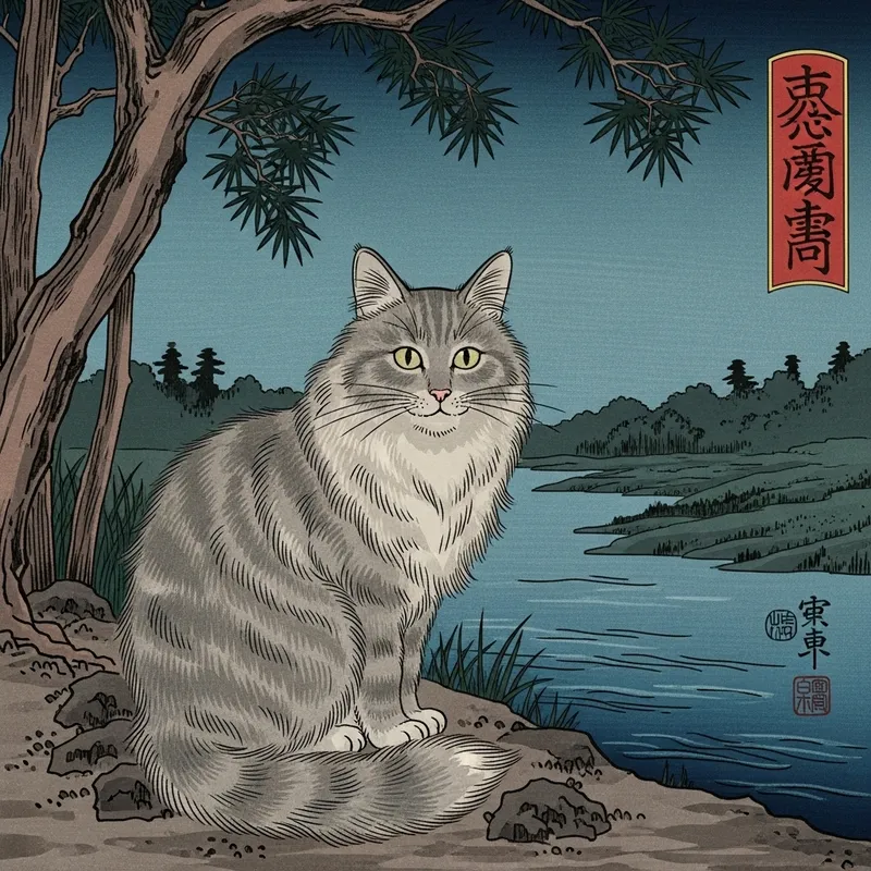 Ghostly Fluffy Grey Cat by River - Traditional Japanese Moonlit Night Art