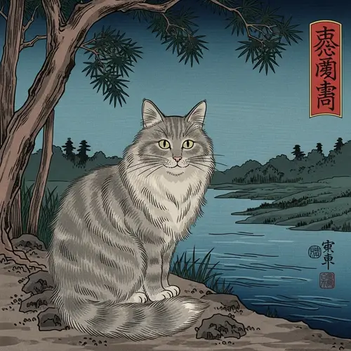Ghostly Fluffy Grey Cat By River - Japanese Art Style