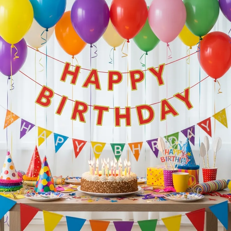 Vibrant Birthday Celebration with Cake, Balloons & Joy
