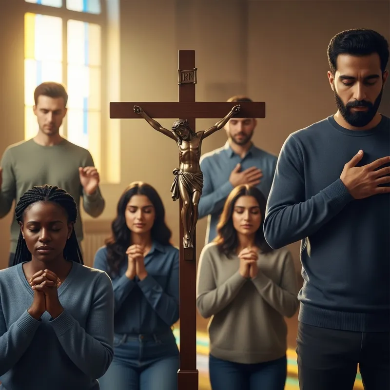 Devoted Individuals from Various Ethnicities Gathered around Crucifix