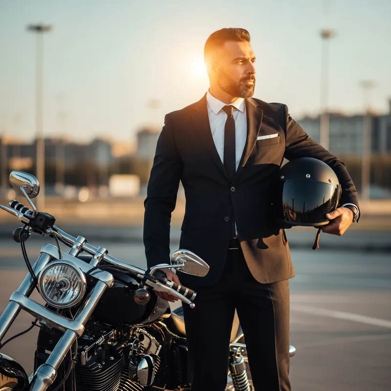 Middle-Eastern Biker Standing in Suit and Helmet - Facing Right