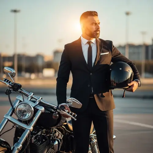 Middle-Eastern Biker in Suit and Helmet Gazing Right