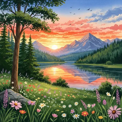 Breathtaking Nature Scene - Green Forest, Serene Lake, Vibrant Sunset