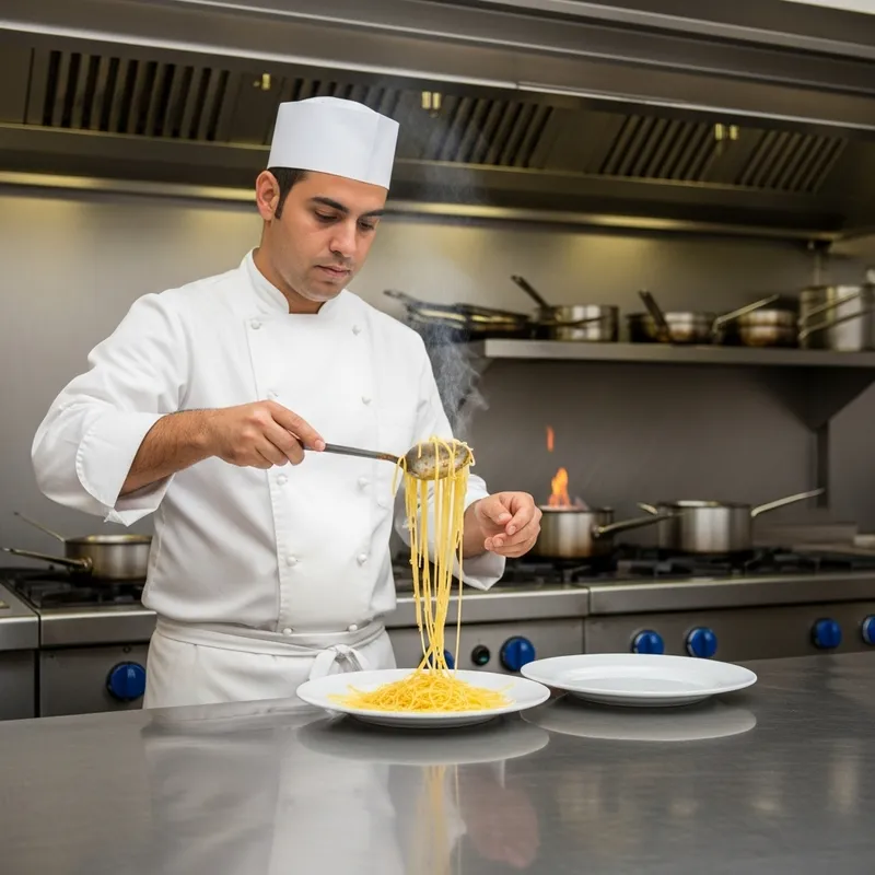 Hispanic Chef Cooking Spaghetti In Commercial Kitchen
