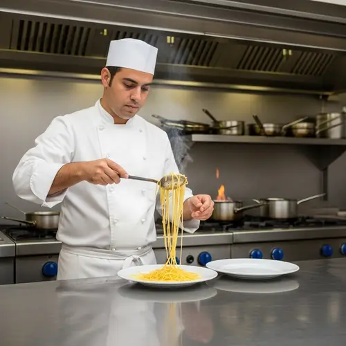 Hispanic Male Chef Prepares Spaghetti in Commercial Kitchen