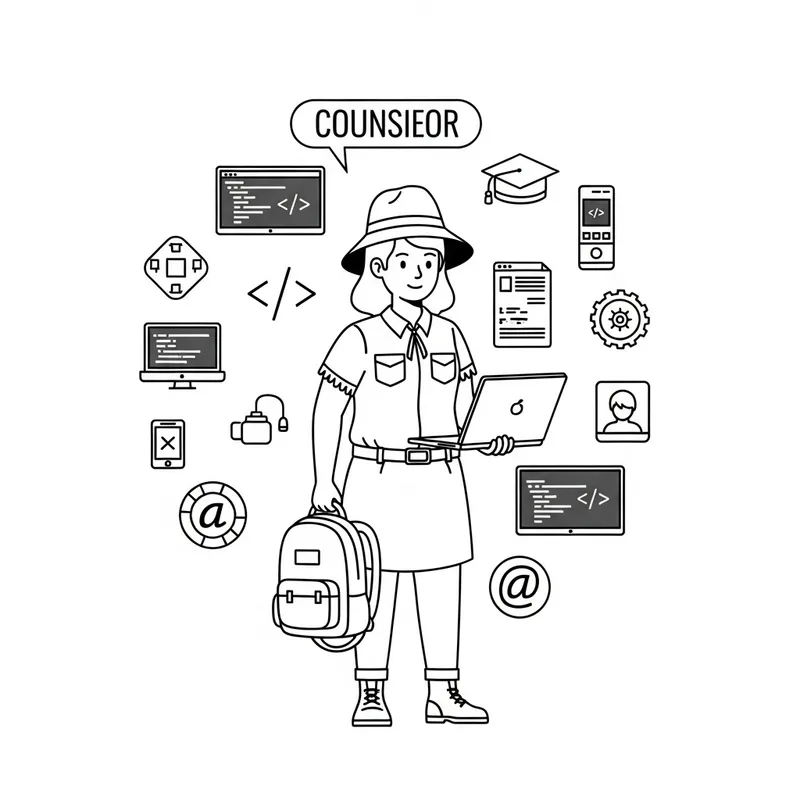 Pioneer Counselor with Backpack and Laptop: Web Programmer Attributes
