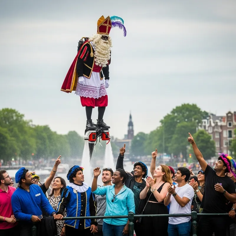 Sinterklaas Jet-Pack at Amsterdam Canal Pride | Diverse Audience Celebration