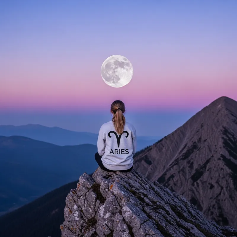 Caucasian Girl in Aries Sweatshirt on Mountain Gazing at Full Moon Caucasian Girl in Aries Sweatshirt on Mountain Gazing at Full Moon