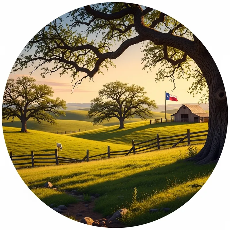 Serene Farm Landscape with Oak Trees, Texas Flag, and Grazing Goat