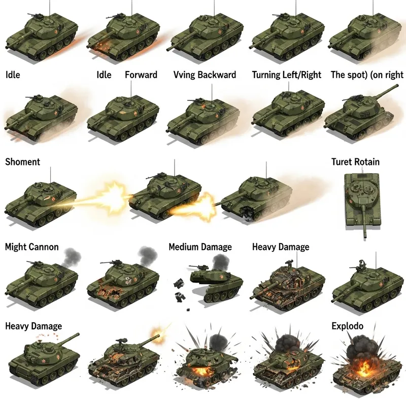 Comprehensive 3D Isometric War Tank Sprite Sheet & Animations