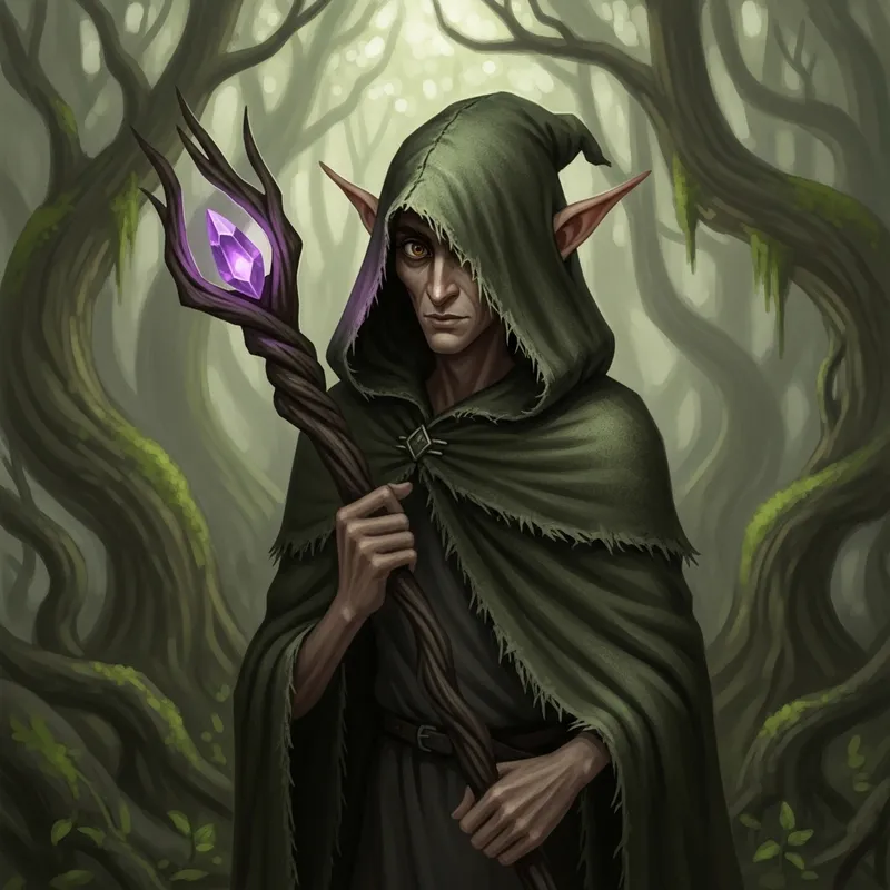 Charming Wood Elf with Enigmatic Wizard's Staff and Cloak Charming Wood Elf with Enigmatic Wizard's Staff and Cloak