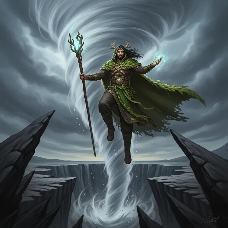 Male Druid Soaring on Tornado - Mystical Cliff Scene