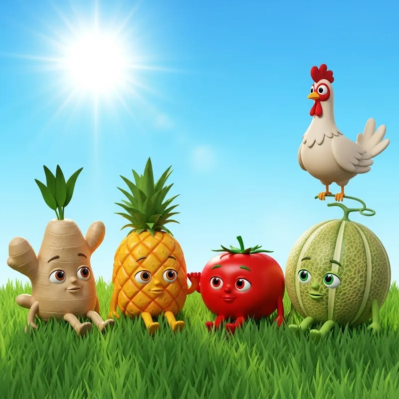 Cartoon Fruits and Veggies Relaxing in the Sun