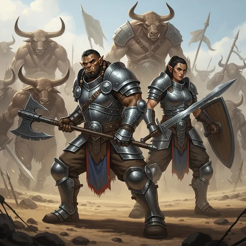 Epic Half-Orc Barbarian Battle Against Minotaurs Epic Half-Orc Barbarian Battle Against Minotaurs