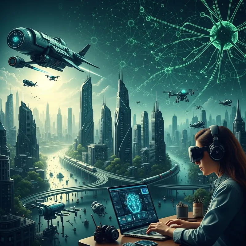 3D Rendering of Futuristic Virtual World: Skyscrapers, Spaceships, Robots 3D Rendering of Futuristic Virtual World: Skyscrapers, Spaceships, Robots