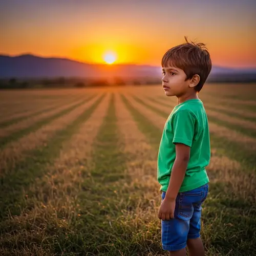 Child in Green Shirt | South Asian Boy in Open Field
