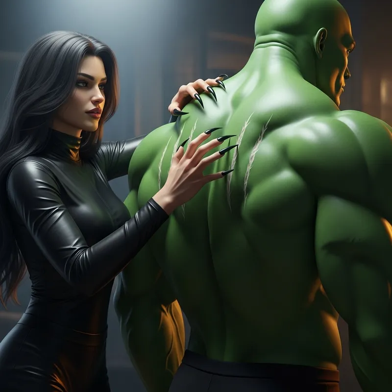 Woman with Cat-Like Nails Scratching Green Humanoid's Back