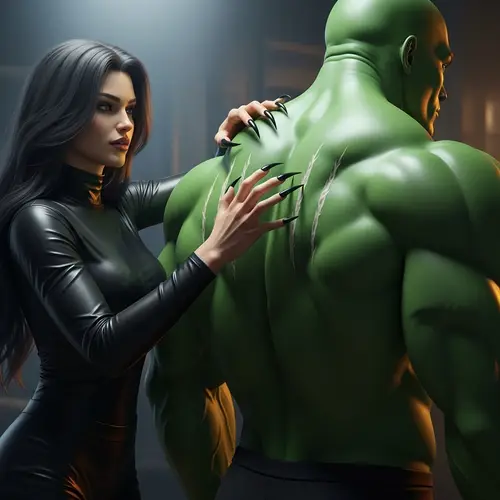 Woman with Long Cat-Like Nails Scratching a Green Humanoid's Back