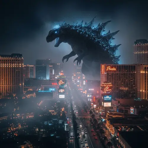 Giant Kaiju Attacks Las Vegas Cityscape at Night