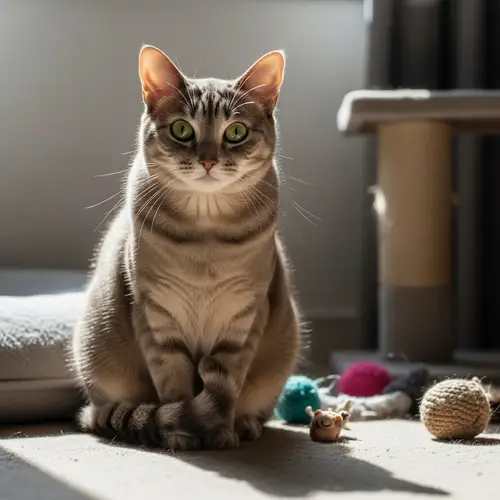 Calm and Fluffy Domestic Cat - Glistening Fur and Vibrant Green Eyes