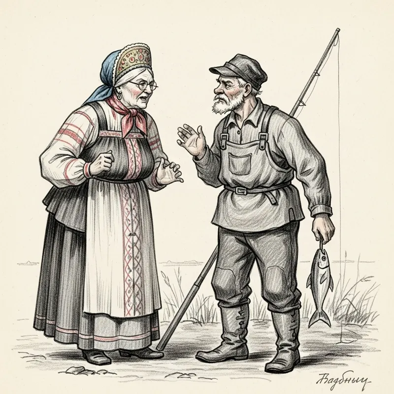 Aristocratic Russian Woman Confronts Fisherman in Sketch Aristocratic Russian Woman Confronts Fisherman in Sketch