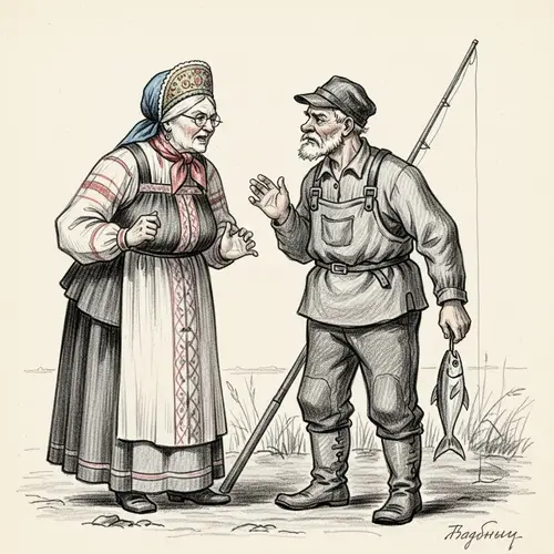 Russian Aristocratic Woman Confronts Fisherman in Detailed Sketch