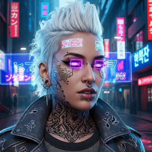 Captivating Cyberpunk South Asian Woman with Untamed White Punk Hairstyle