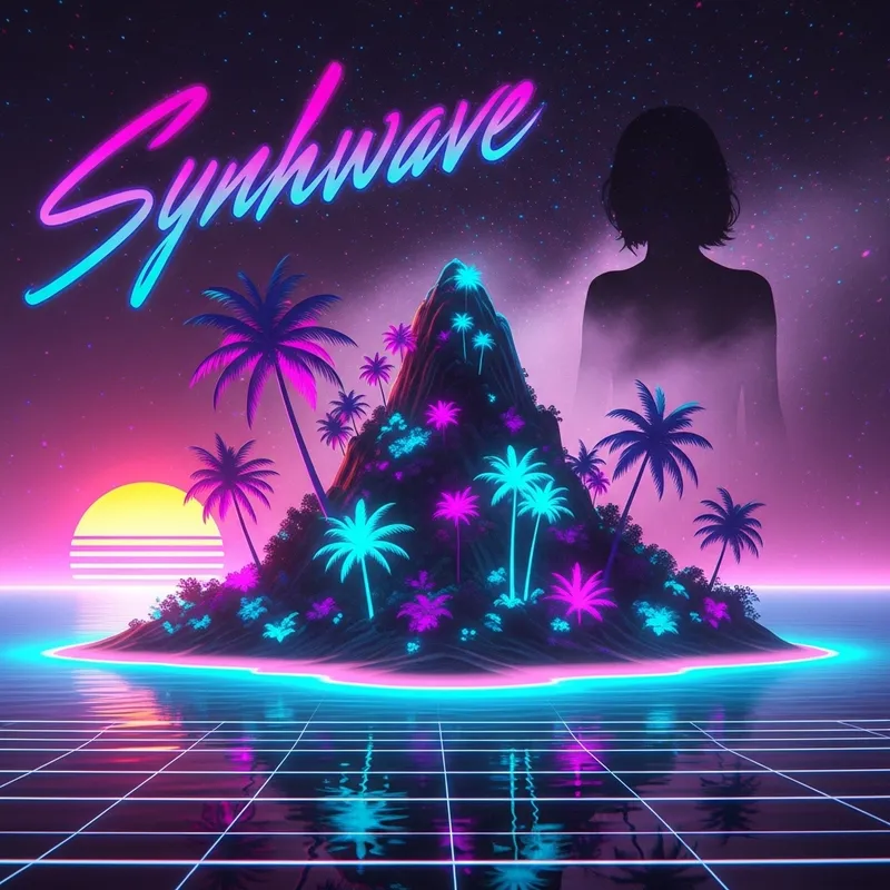 Enigmatic Island Synthwave Album Cover with Woman