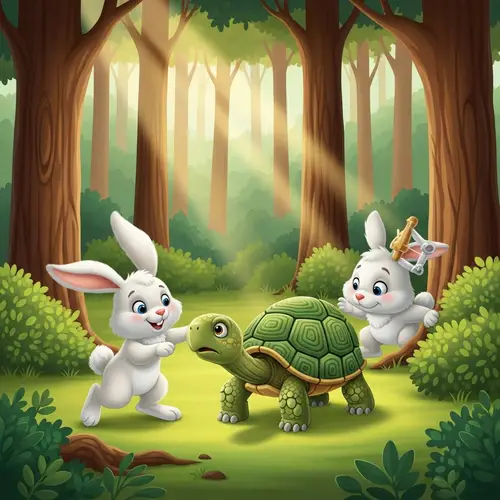 Playful Bunny vs Green Tortoise in Forest Scene