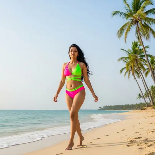Young South Asian Woman on Sandy Beach in Neon Two-piece Swimsuit